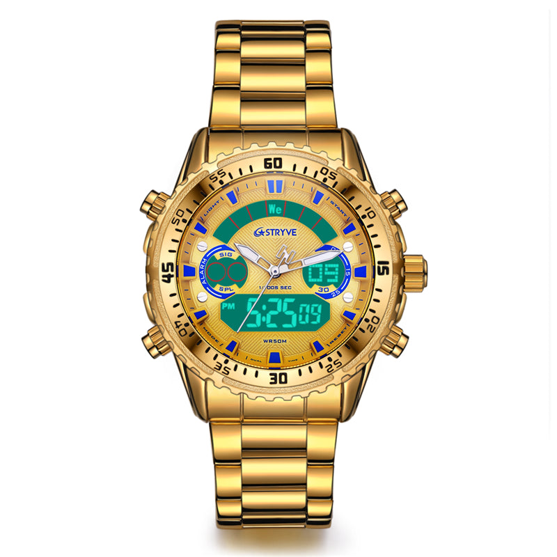 STRYVE S8020 LCD 5ATM Waterproof Week Display Full Steel Fashion Men Dual Display Digital Watch