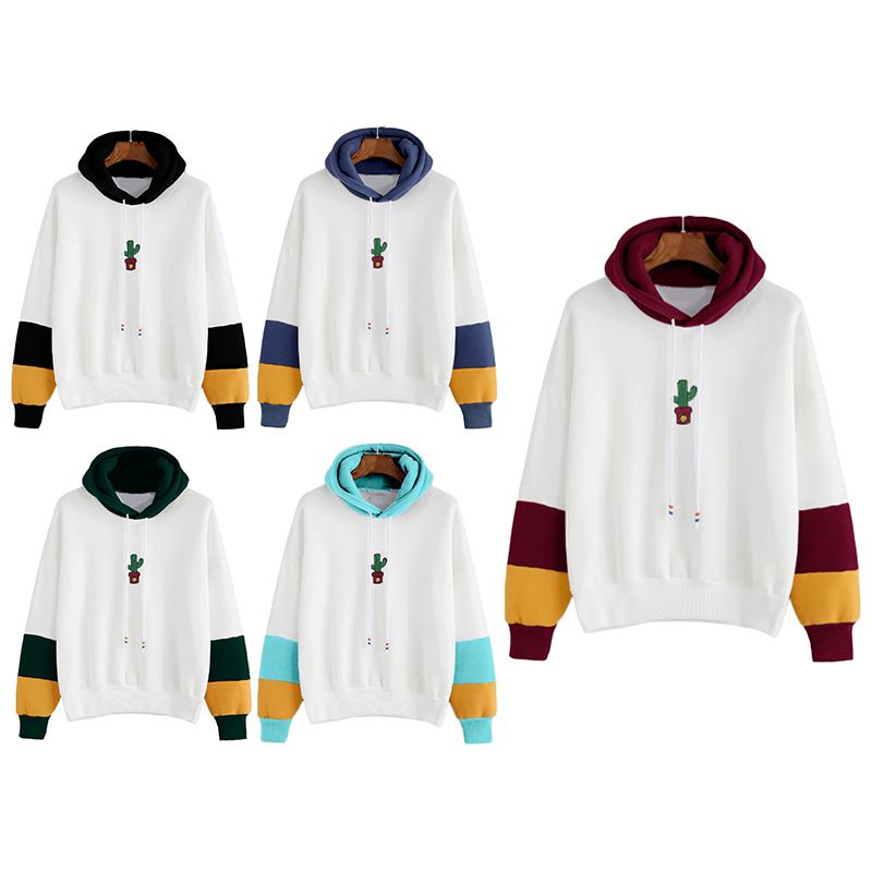 Women Long Sleeve Hoodies Sweatshirts Drawstring Block Cactus Oversized Hoo Y7E2