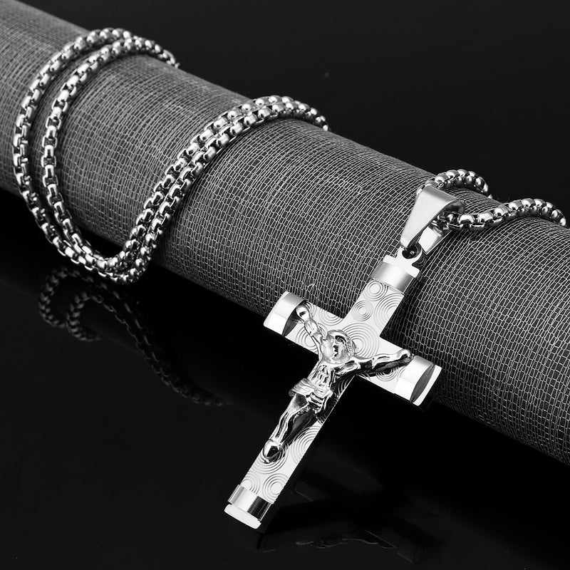 Stainless Steel Christ Jesus Cross Crucifix Patterned Pendant Necklace Chain