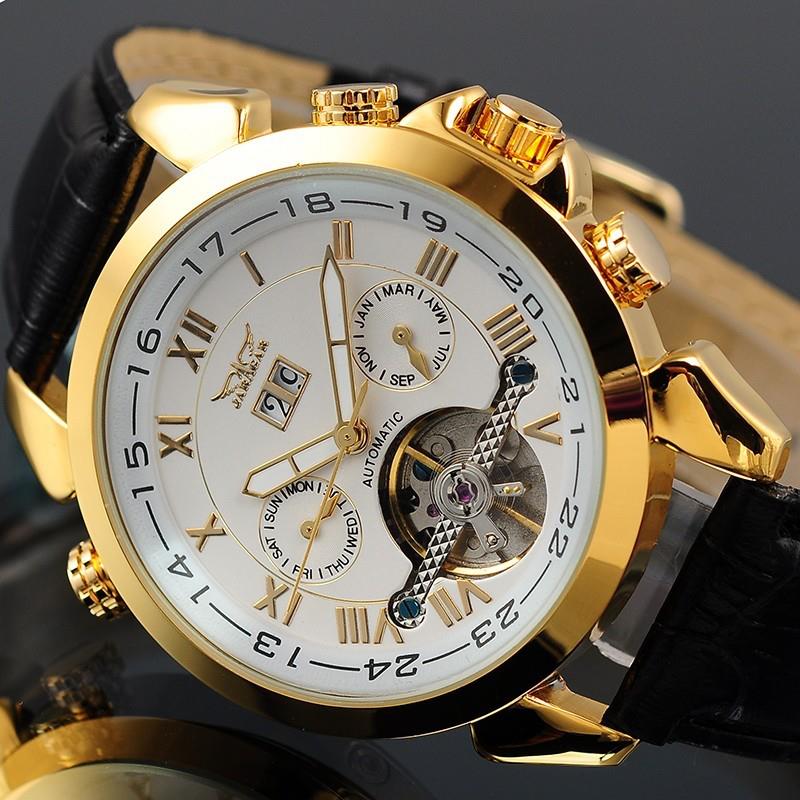 JARAGAR F120504 Fashion Automatic Mechanical Watch Date Display Leather Strap Men Wrist Watch