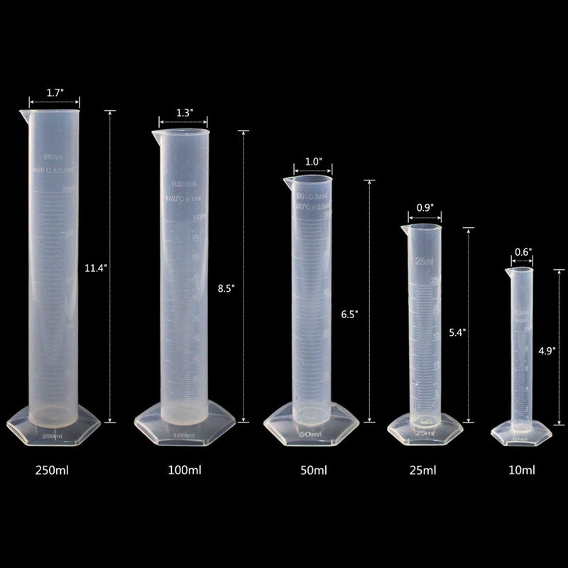 5 Pcs Clear Plastic Graduated Cylinder, 10, 25, 50, 100, 250ml, with 2 Plas