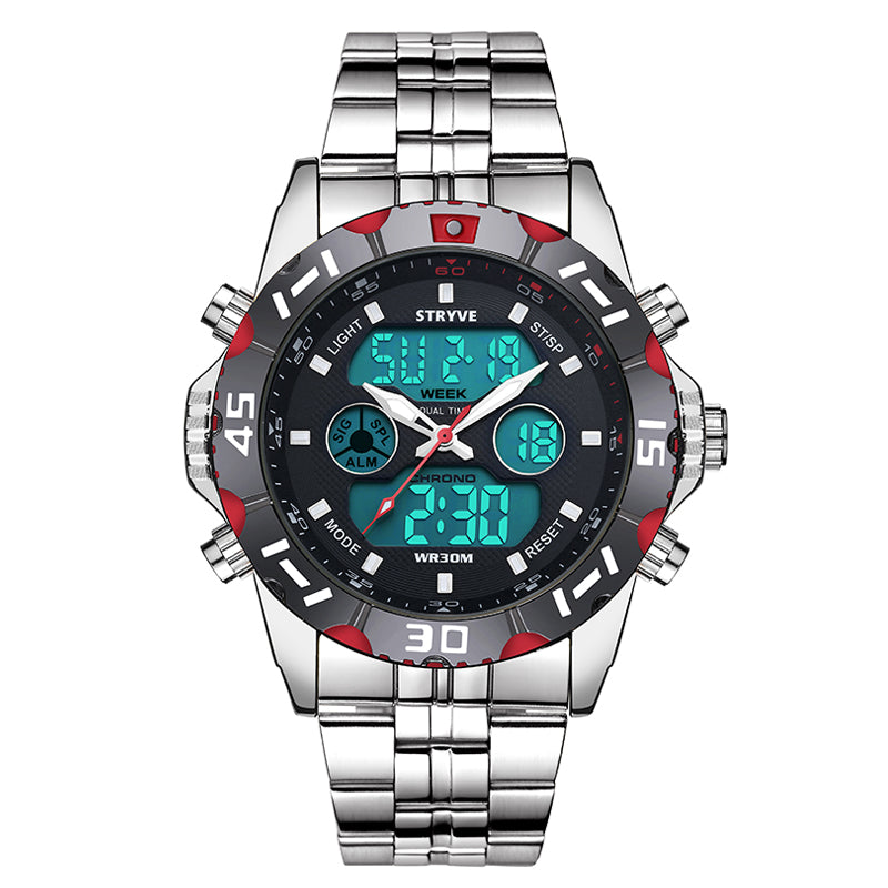 STRYVE S8011 Chronograph Alarm Calendar Stainless Steel Sport Dual Display Digital Watch