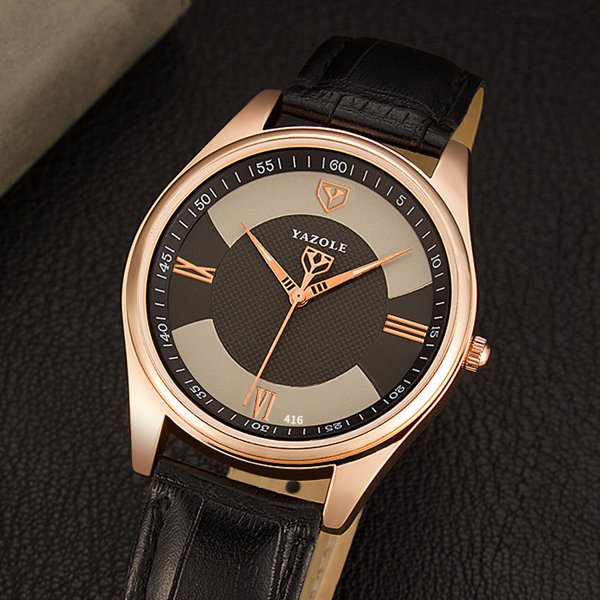YAZOLE 416 Men Watch Fashion Leather Strap Roman Numbers Dial Quartz Wrist Watch