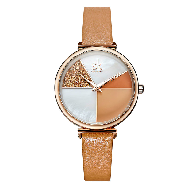 SHENGKE SK K0109 Fashion Color Segmentation Ladies Casual Dial Leather Band Women Quartz Watch