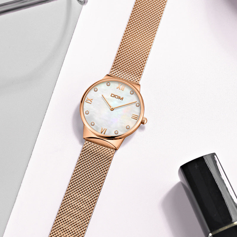 DOM G-32G Crystal Shell Surface Ladies Wrist Watch Stainless Steel Band Quartz Watch