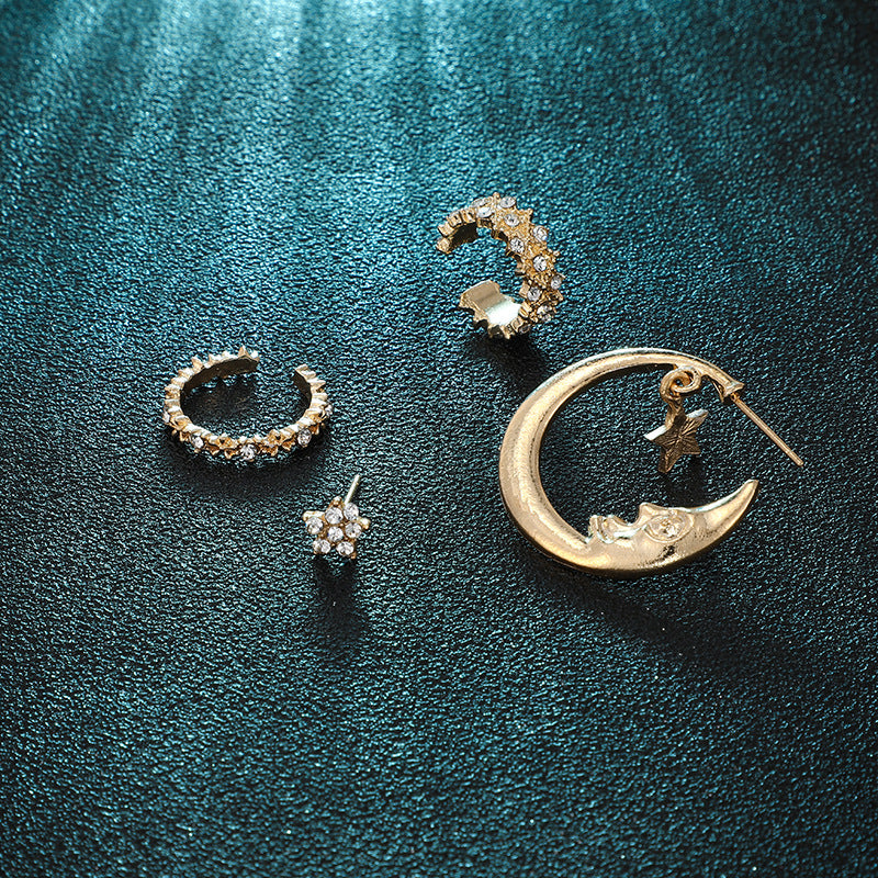 Trendy Moon Star Stud Earrings Kit Rhinestone Alloy Earring Set Women Jewelry