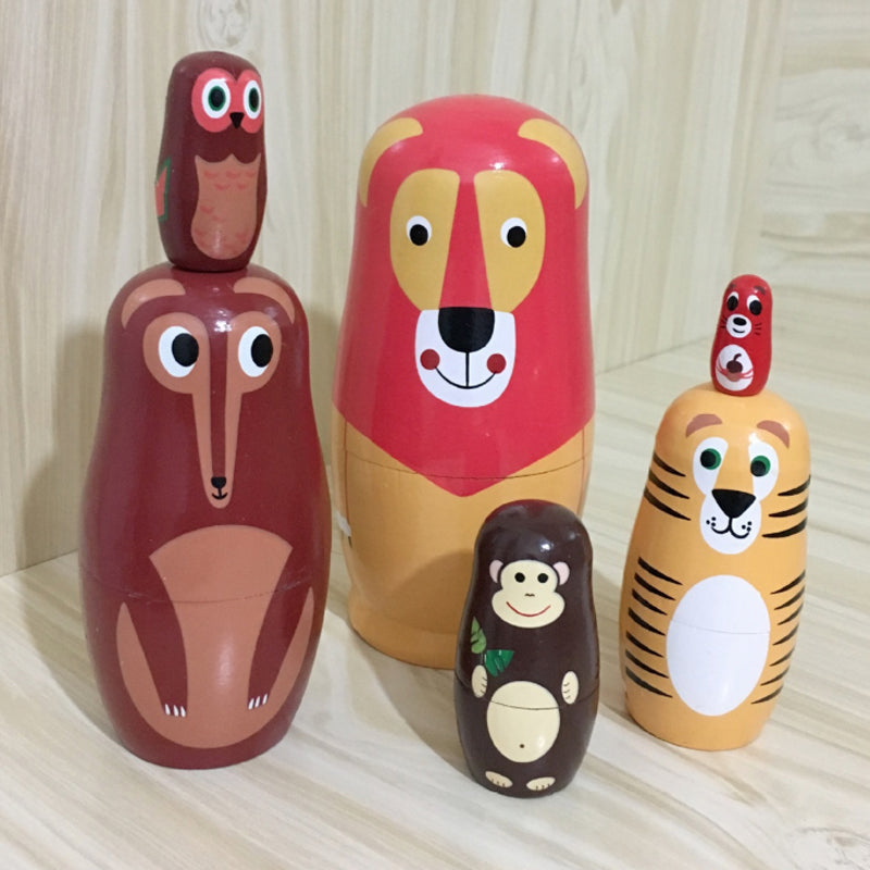 6PCS/Set Cute Wooden Animal Paint Nesting Dolls Decorations Russian Doll Matryoshka Hand Paint Toys