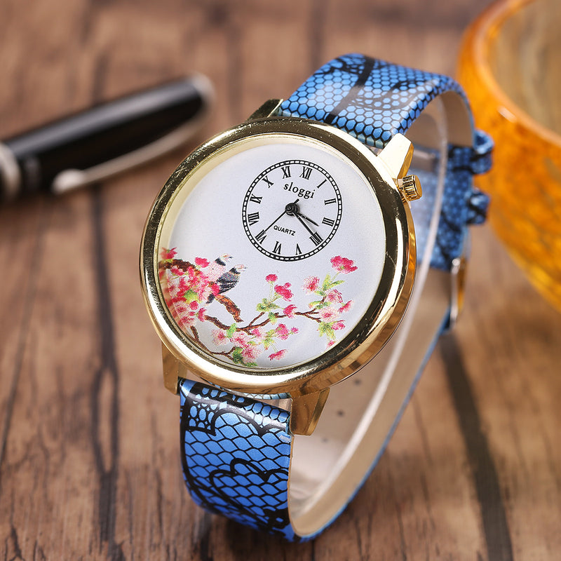 Flower and Bird Quartz Watch Casual Style Leather Strap Women Wrist Watches