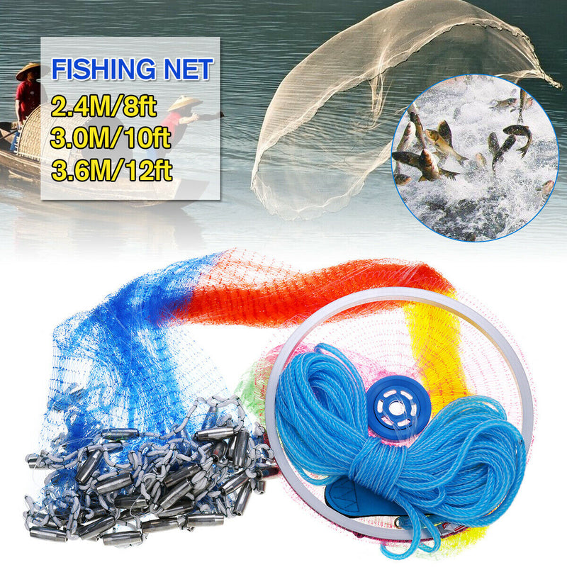 ZANLURE 13/12/10/8FT Hand Cast Fishing Net Spin Network Bait Twine Fish Net Bucket