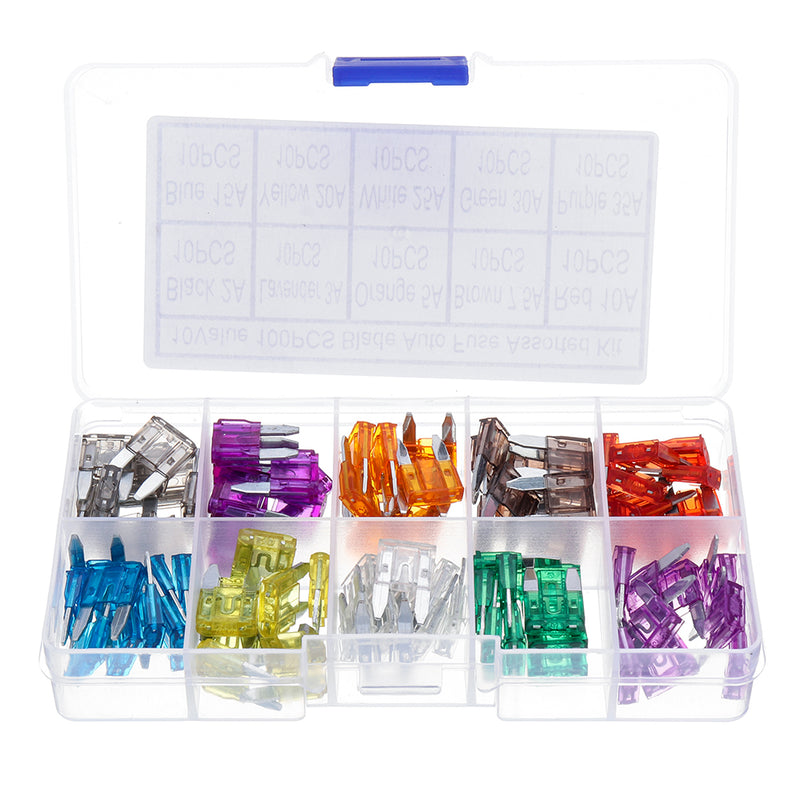 100pcs Mini Auto Fuse 10 Value Car Fuse Blade Kit Assortment with Box 2A 3A 5A 7.5A 10A 15A 20A 25A 30A 35A Each 10pcs