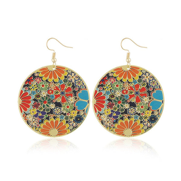 Retro Style Round Flower Earrings Round Sheet Ethnic Style Ear Drop Earring For Women