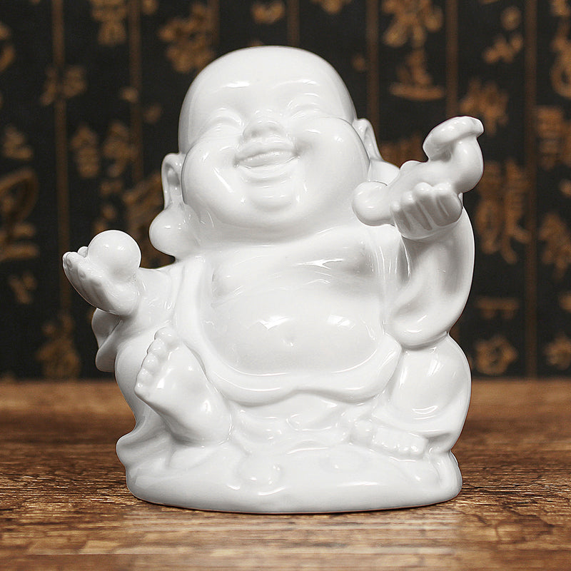 Peace Sign Laughing Hotai Statue Happy Sitting Hotai White Gloss Home Decorations