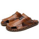 R493 Men Outdoor Summer Leather Casual Round Toe Flat Soft Beach Slipper Sport Dad Shoes Sandals