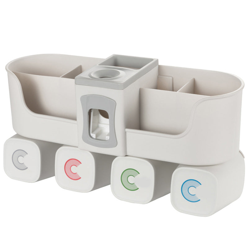 Toothpaste Dispenser Toothbrush Holder No Drill Wall Mount Bathroom Storage Shelf Rack