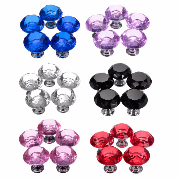 5Pcs 30mm Diamond Crystal Glass Door Drawer Cabinet Furniture Handle Knobs
