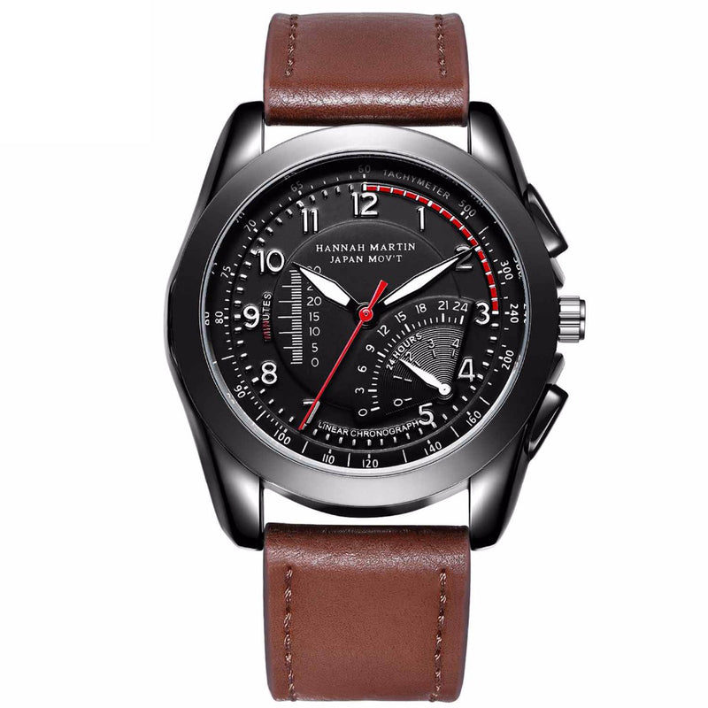 HANNAH MARTIN BN02 Men Quartz Watch Fashion Fake Dial Leather Strap Military Sport Watch