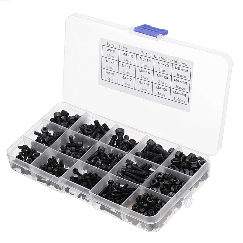 Suleve MXCH5 500Pcs M3 M4 M5 Carbon Steel Screw Hex Socket Cap Head 8-20cm Bolt Nut Assortment