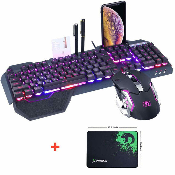 K618 104 Keys USB Wired Multimedia RGB Backlit Gaming Keyboard and 2400DPI LED Gaming Mouse Sets with Mouse Pad