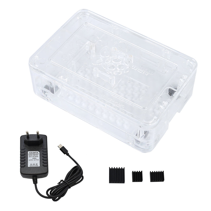 Updated ABS Enclosure Box V4 Case+5V/3A EU Standard Plug Power Supply+3*Black Heat Sink Set for Raspberry Pi 4