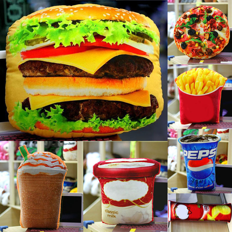 Creative Squishy 3D Pizza Cola Potato Hamburger Chips Pillows Food Cushion Birthday Gift Trick Toys