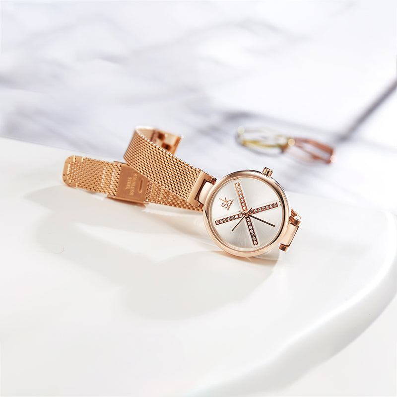 SHENGKE SK K0102 Crystal X Pattern Full Steel Strap Women Business Quartz Watch