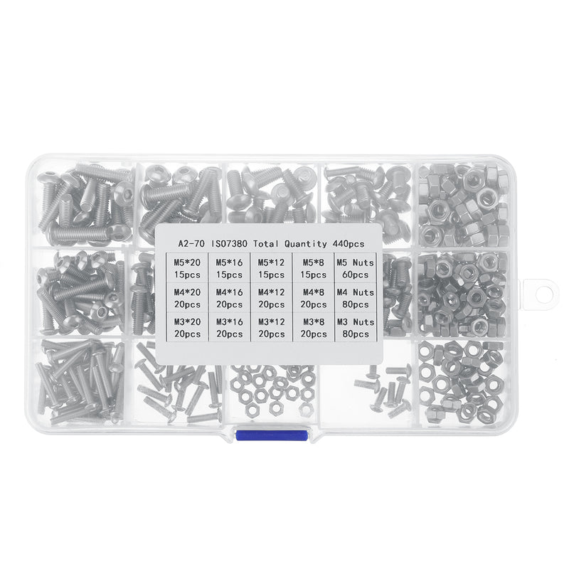 440Pcs/Set Stainless Steel Screw Bolt Nut Round Head Cap Socket Hex Bolt M3 M4 M5