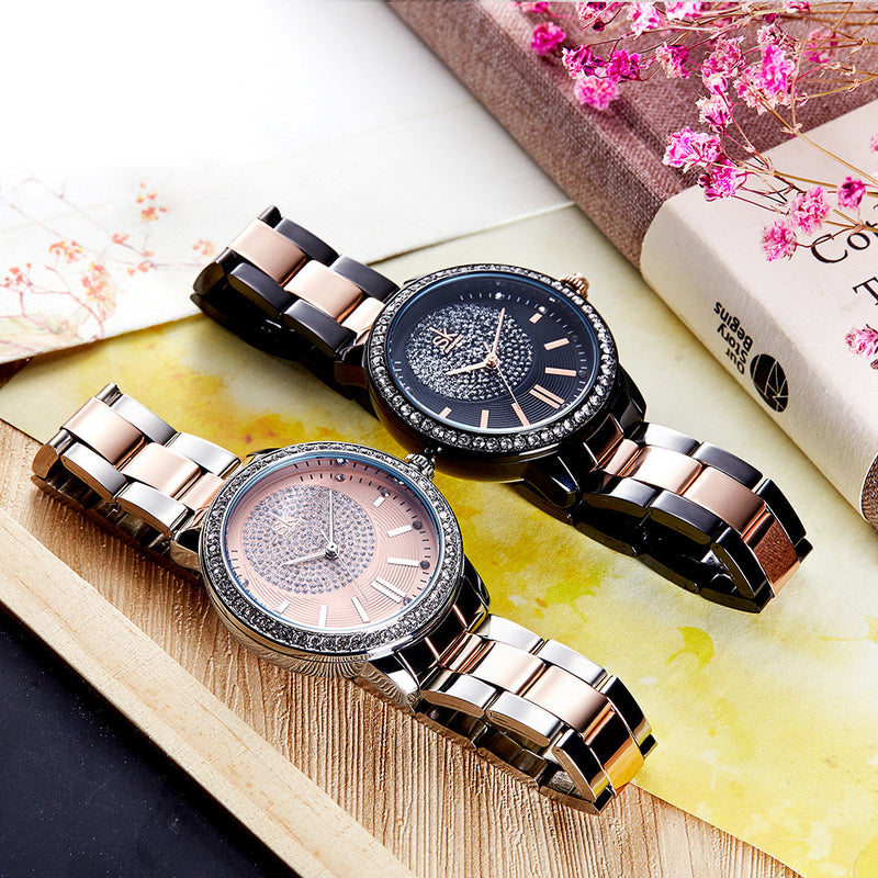 SKENGKE SK K0075 Fashion Women Crystal Ladies Dress Stainless Steel Quartz Watch