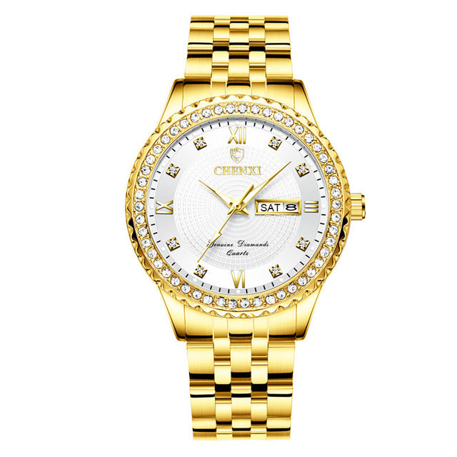 CHENXI 8215 Casual Style Men Wrist Watch Gold Case Full Steel Band Quartz Watch