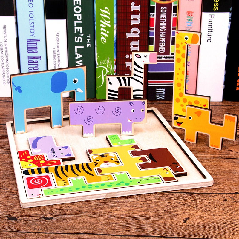 3D Puzzle Game Toy Tetris Wood Animal Jigsaw Puzzle Intellectual 3D Jigsaw Board for Boys Girls Early Education Learning
