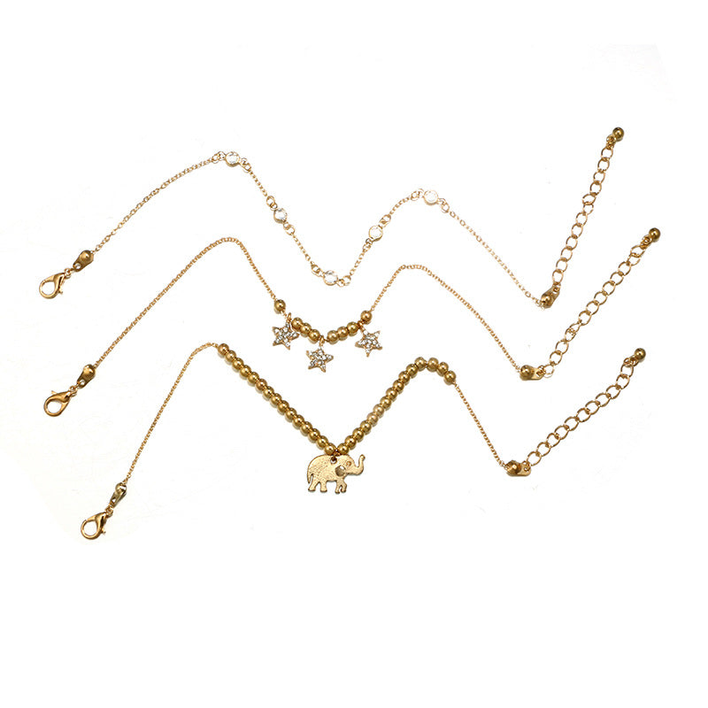 Trendy Elephant Anklet Alloy Beads Diamond Anklet Star Anklet Three-layer Female Anklet