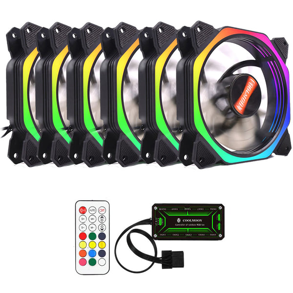 Coolmoon 6PCS 12cm Multilayer Backlit RGB Cooling Fan with IR Controller for Desktop PC