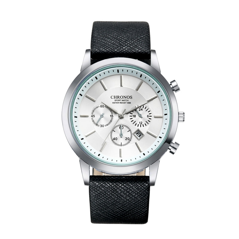 CHRONOS Casual Style Calendar Men Wrist Watch False Small Dials Leather Strap Quartz Watch