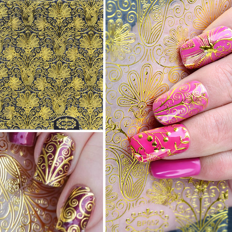 1 Sheet 3D Gold Embossed Nail Stickers Flower Blooming Decals Gorgeous Manicure