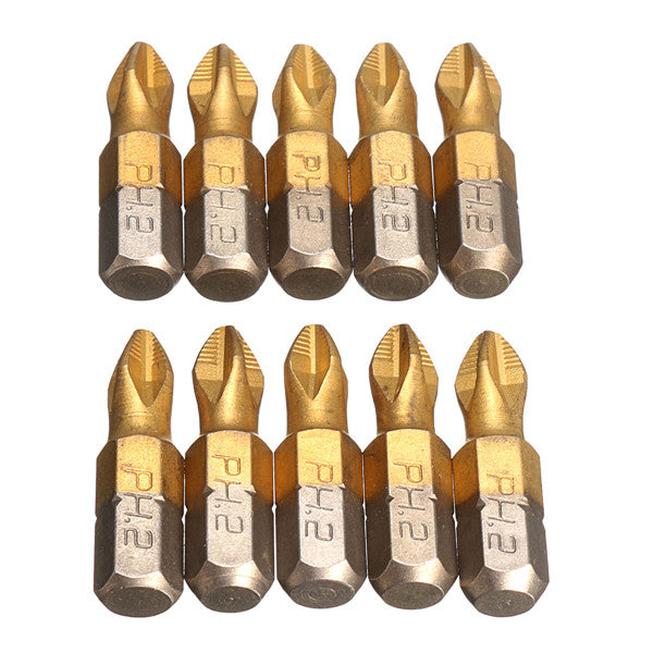 10pcs 25mm Titanium Coated Hex Shank PH2 Magnetic Screwdriver Bit Set
