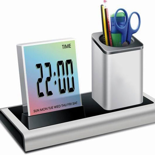 Loskii DX-222 Colorful Black Digital LED Desk Alarm Clock Mesh Pen Holder Calendar Timer Thermometer