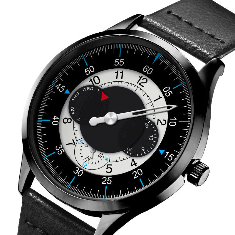 SINOBI 9815 Fashion Leather Strap Men Creative Dial Week Display 24Hour Quartz Watch