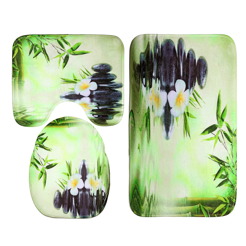 Bamboo Printing Waterproof Bathroom Shower Curtain Toilet Cover Mat Non-slip Carpet