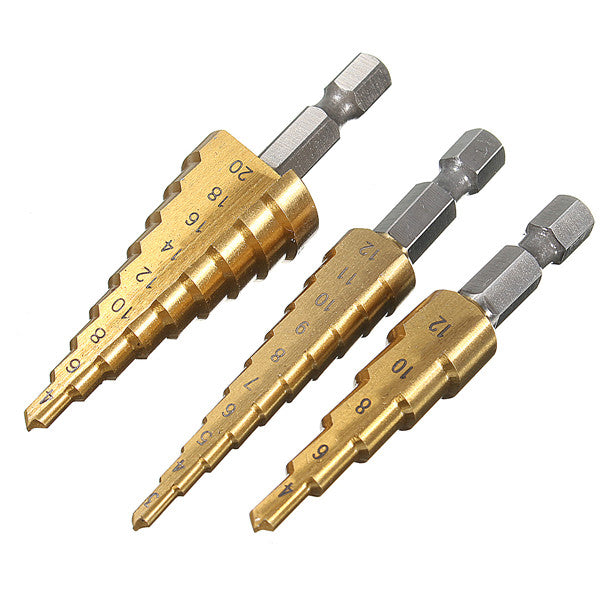 3pcs HSS Step Cone Drill Bit Titanium Hole Cutter Set 3-12/4-42/4-20mm