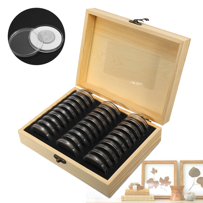 Coin Display Holder Storage Box Wooden Case With 30Pcs 51.5mm Round Slab Certified Capsules