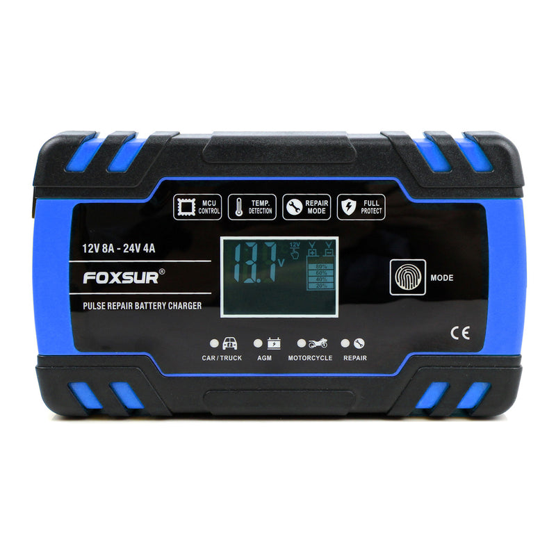 FOXSUR 12/24V 8A/4A Touch Screen Pulse Repair LCD Battery Charger Blue For Car Motorcycle Lead Acid Battery Agm Gel Wet