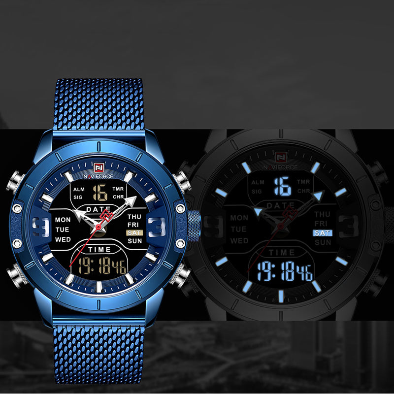 NAVIFORCE 9153 Business Style LED Dual Digital Watch Waterproof Full Steel Quartz Watch
