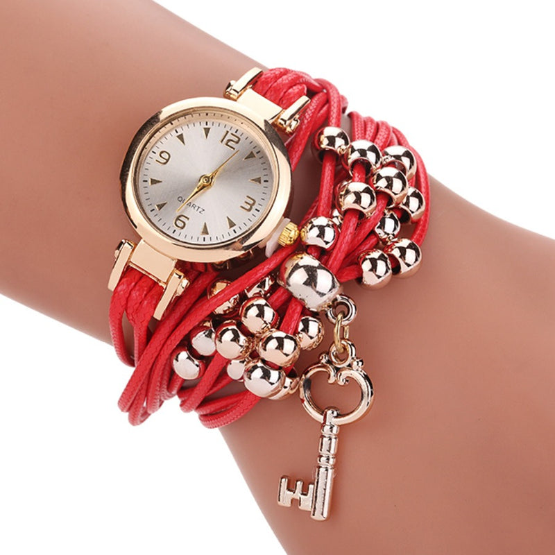Gold Case Colorful Leather Beading Strap Ladies Dress Women Bracelet Wristband Quartz Watch
