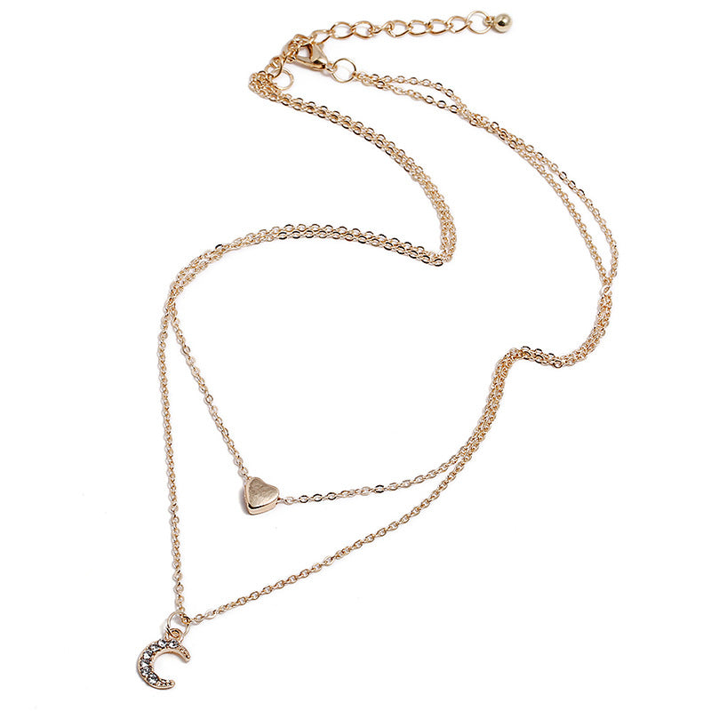 Trendy Multi-layer Necklace Gold Moon Peach Heart Pendant Chain Charm Necklace Retro Jewelry