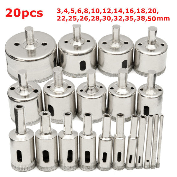 20Pcs Diamond Coated Core Drill Bit Set 3-50mm Hole Saw Cutter for Glass Marble Granite