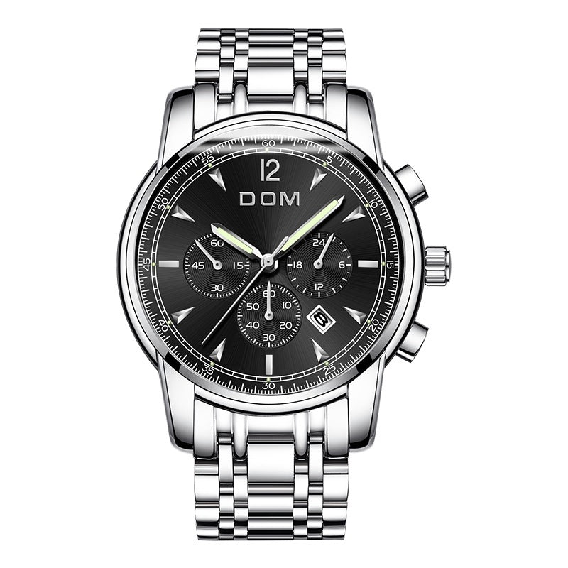 DOM 75PE Fashion Men Watch Chronograph Luminous Date Display Stainless Steel Strap Quartz Watch