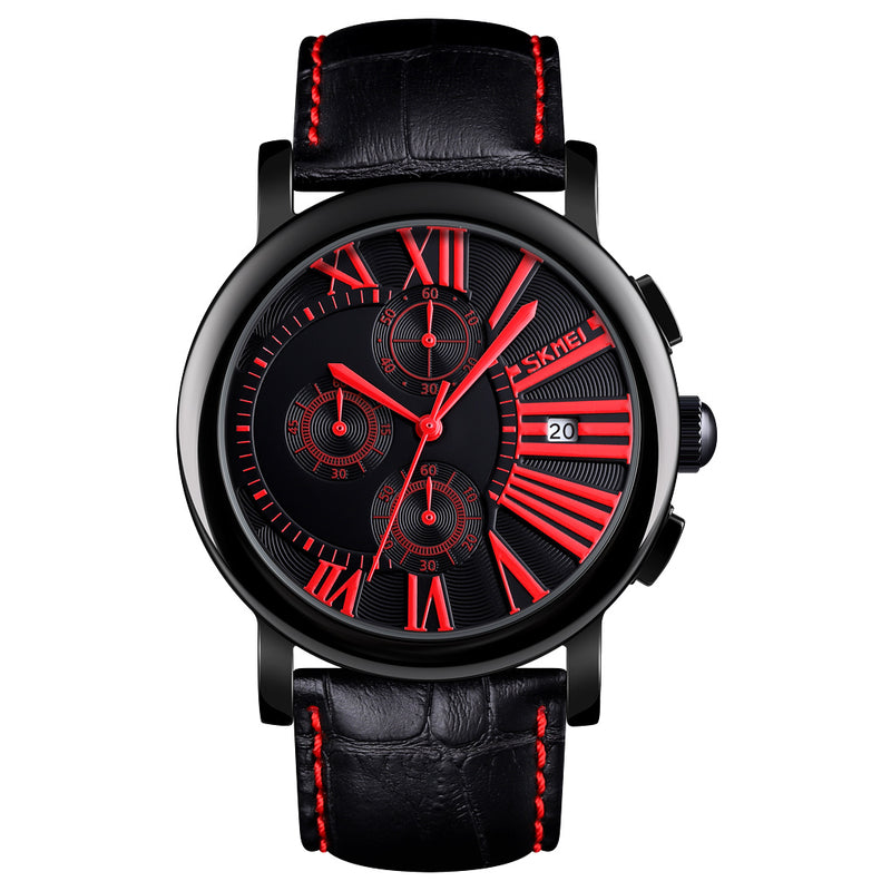 SKMEI 9196 Men Fashion Leather Strap Stopwatch Date Display Roman Numerals Sport Quartz Watch