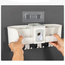 Toothpaste Dispenser Toothbrush Holder No Drill Wall Mount Bathroom Storage Shelf Rack