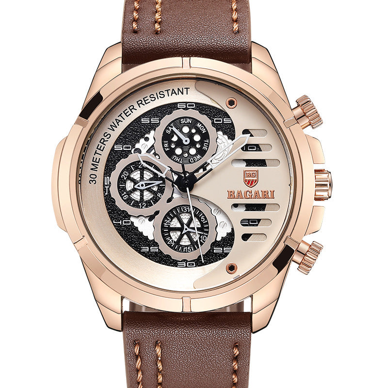 BAGARI 1802P Fashion Men Watch 3ATM Waterproof Week Display Leather Strap Quartz Watch