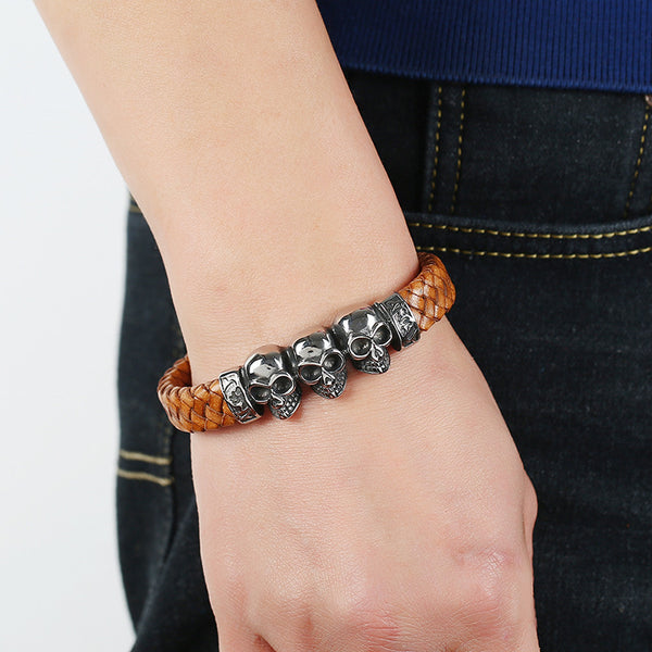 Vintage Men's Stainless Steel Taro Leather Faux Leather Bracelet