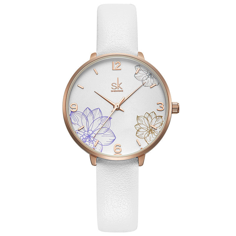 SHENGKE SK K9014 Flowers Pattern Elegant Dial Fashion Women Leather Strap Quartz Watch